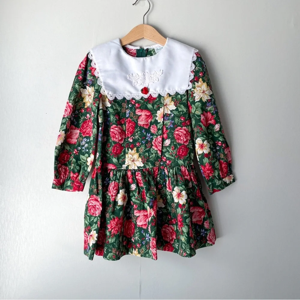 Vintage Rare Editions Holiday Floral Print Long Sleeve Bib Dress 5/6